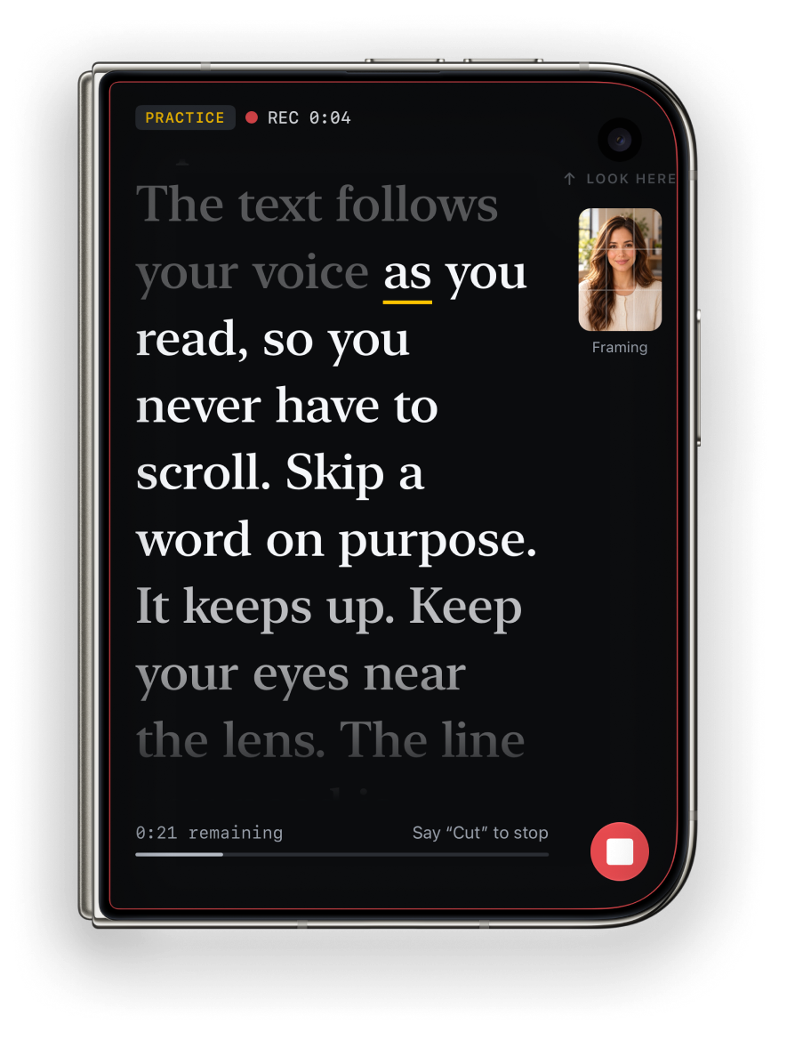 iPhone Duo showing a script with the spoken line highlighted in amber